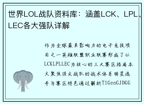 世界LOL战队资料库：涵盖LCK、LPL、LEC各大强队详解